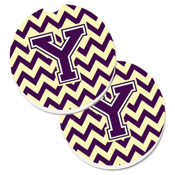 Carolines Treasures Letter Y Chevron Purple and Gold Set of 2 Cup Holder Car Coaster CJ1058-YCARC - main